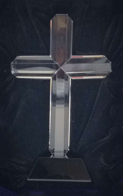 Crystal Cross - 8.5 Inch Tall | Engraved Crystal Cross on Black Base Decade Awards