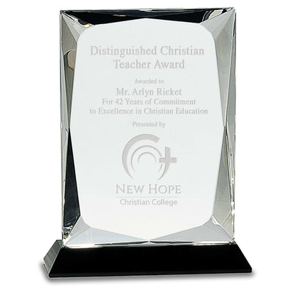 Crystal Plaque on Black Base Trophy - 7 or 8 Inch Tall | Engraved Crystal Award Decade Awards