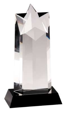 Crystal Star Column on Black Pedestal Base -10 Inch Tall | Engraved Star Corporate Award Decade Awards