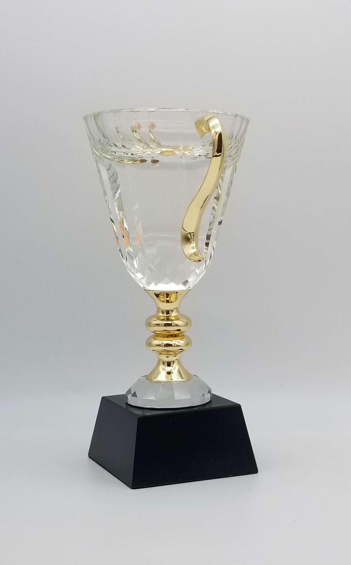 Cup Trophy - Crystal with Gold Handles on a Black Marble Base| Engraved Crystal Cup Award with Scroll Handles - 7.25, 8.5 or 10 Inch Tall   Decade Awards