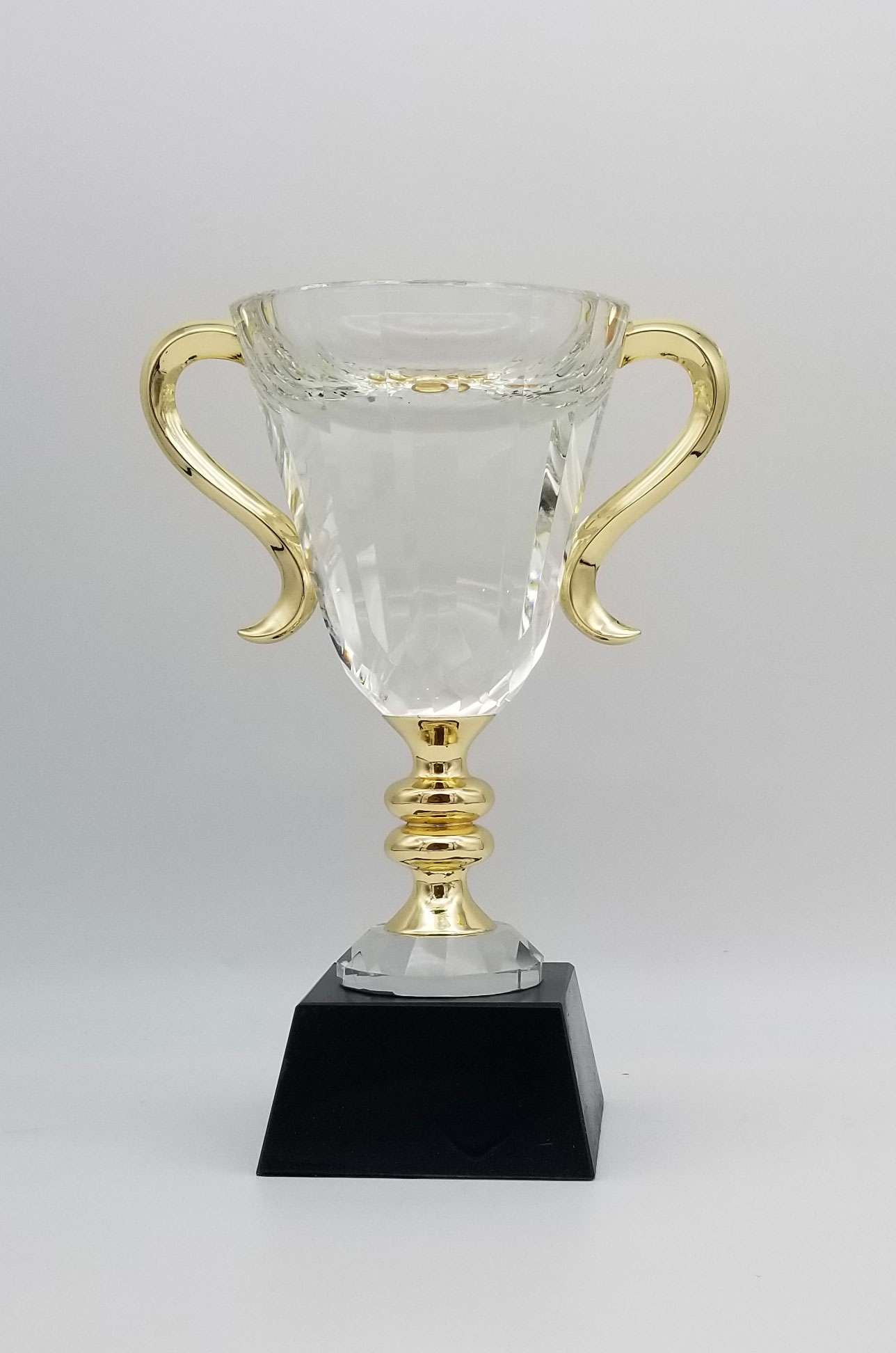 Cup Trophy - Crystal with Gold Handles on a Black Marble Base| Engraved Crystal Cup Award with Scroll Handles - 7.25, 8.5 or 10 Inch Tall   Decade Awards