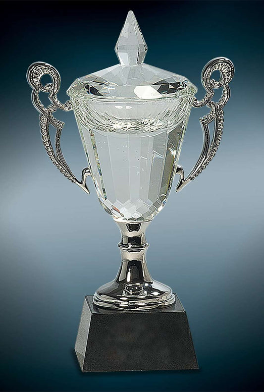 Cup Trophy - Crystal & Silver | Crystal Cup Award with Silver Handles - 8, 9.5 and 11.25 Inch Tall Decade Awards
