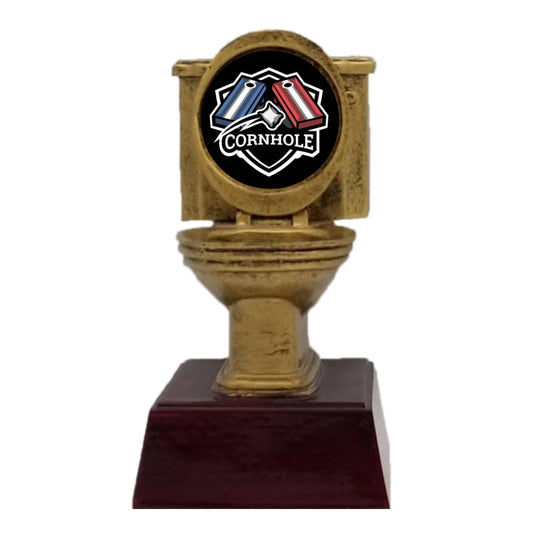 Gold Toilet Bowl Trophy, Cornhole | Engraved Golden Throne Last Place Shucker Award - 6 Inch Tall Decade Awards