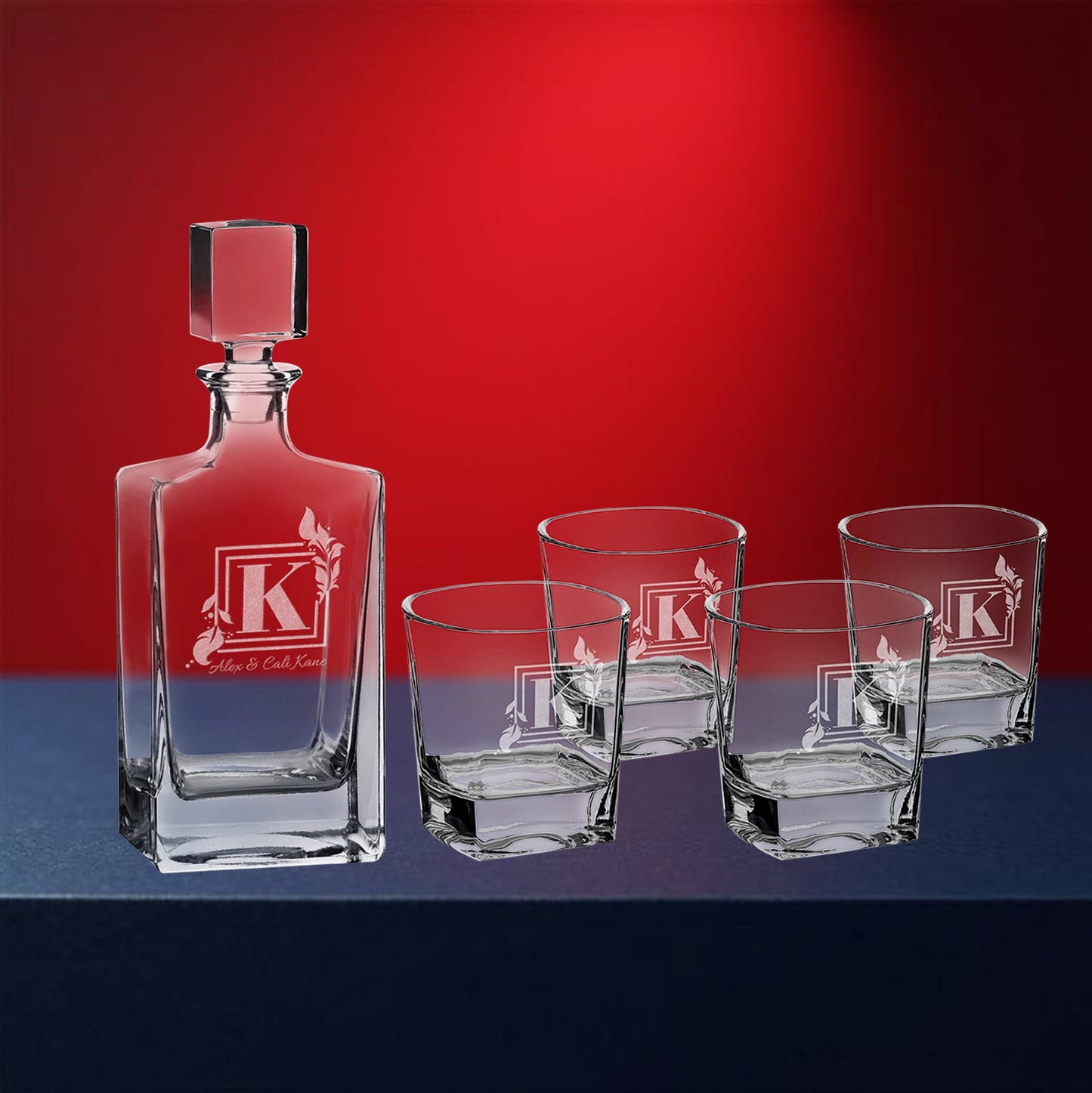 Custom Engraved Rectangular Decanter Set with 4 Glasses - Personalized Gift Decade Awards