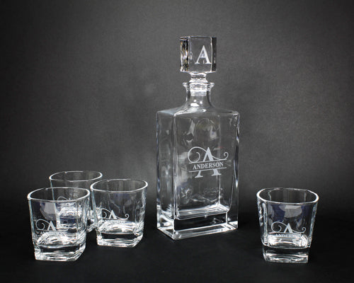 Custom Engraved Rectangular Decanter Set with 4 Glasses - Personalized Gift Decade Awards
