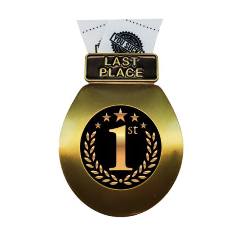 Toilet Seat Last Place Medal, Silver or Gold | Engraved Toilet Seat Medal with TP Loser Neckband- 3.25 Inch Wide Decade Awards