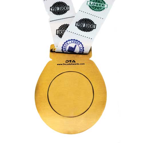 Toilet Seat Last Place Medal, Silver or Gold | Engraved Toilet Seat Medal with TP Loser Neckband- 3.25 Inch Wide Decade Awards