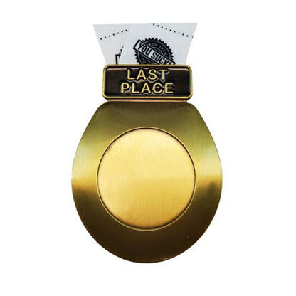 Toilet Seat Last Place Medal, Gold | Engraved Toilet Seat Medal with TP Loser Neckband- 3.25 Inch Wide Decade Awards
