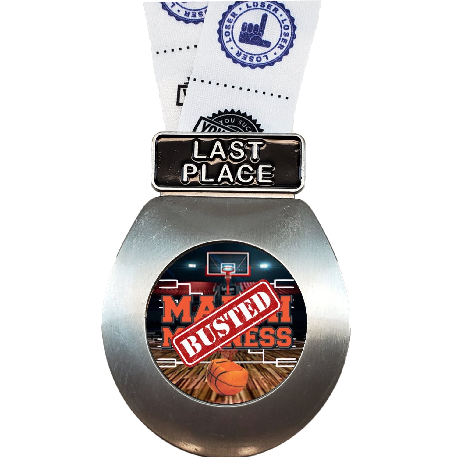 Toilet Seat Medal, Silver or Gold - Busted Bracket | Engraved Busted Bracket Medal with TP Loser Neckband- 3.25 Inch Wide Decade Awards
