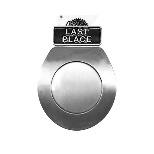 Toilet Seat Last Place Medal, Silver | Engraved Toilet Seat Medal with TP Loser Neckband- 3.25 Inch Wide Decade Awards