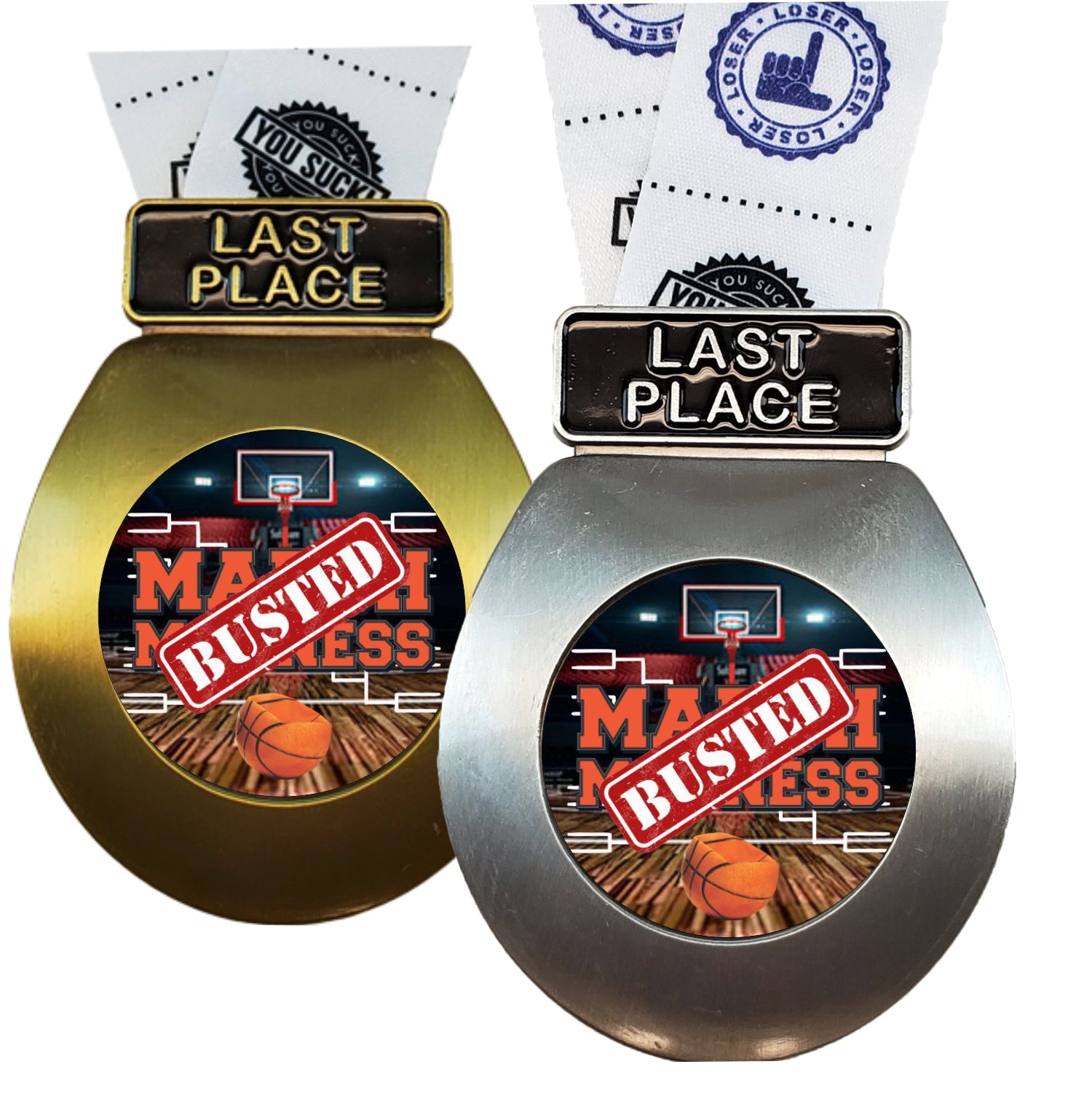 Toilet Seat Medal, Silver or Gold - Busted Bracket | Engraved Busted Bracket Medal with TP Loser Neckband- 3.25 Inch Wide Decade Awards