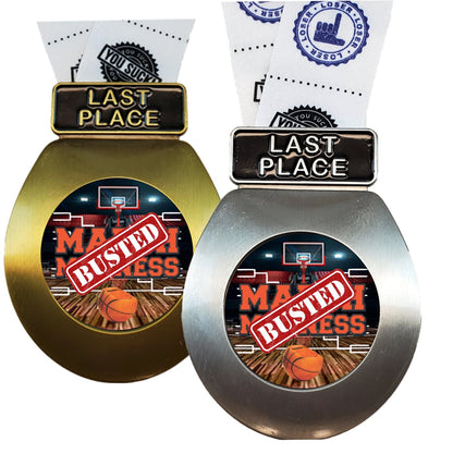 Toilet Seat Medal, Silver or Gold - Busted Bracket | Engraved Busted Bracket Medal with TP Loser Neckband- 3.25 Inch Wide Decade Awards