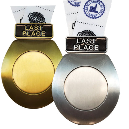 Toilet Seat Last Place Medal, Silver or Gold | Engraved Toilet Seat Medal with TP Loser Neckband- 3.25 Inch Wide Decade Awards