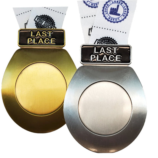 Toilet Seat Last Place Medal, Silver or Gold | Engraved Toilet Seat Medal with TP Loser Neckband- 3.25 Inch Wide Decade Awards