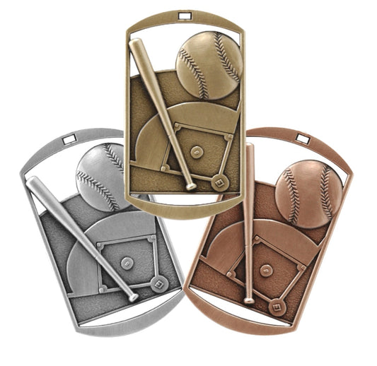 Engraved baseball dog tag medal in gold, silver or bronze with ribbon and free custom engraving by Decade Awards