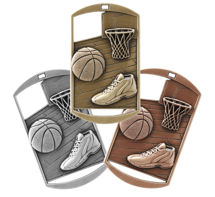Engraved basketball dog tag medal in gold, silver or bronze with ribbon and free custom engraving by Decade Awards