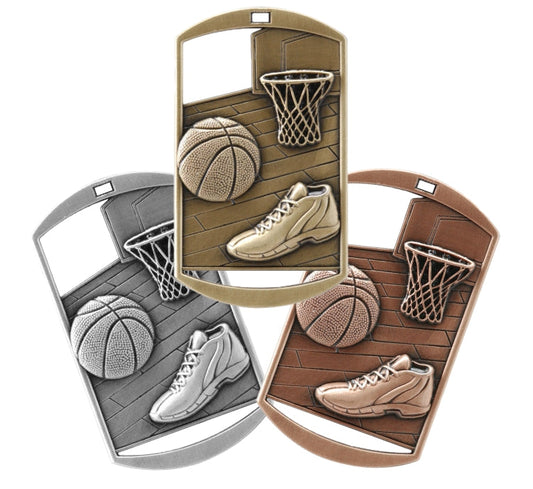 Engraved basketball dog tag medal in gold, silver or bronze with ribbon and free custom engraving by Decade Awards