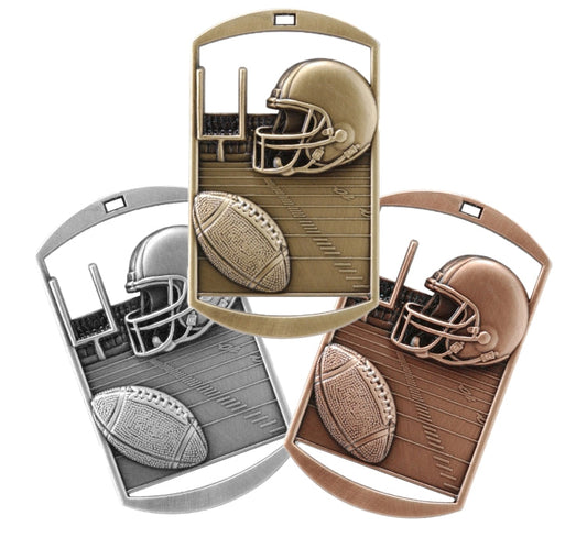 Gold silver or bronze football dog tag medal with ribbon and free custom engraving by Decade Awards