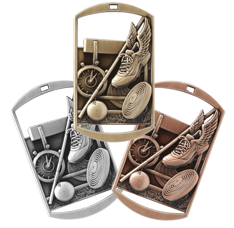 Track and Field Dog Tag Medal with Ribbon – Gold Silver or Bronze, free custom engraving for athletes and coaches by Decade Awards