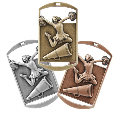 Personalized Cheer Medal with Ribbon | Gold, Silver or Bronze | Spirit Dog Tag Medal | 1.5 x 2.75 Inches Wide