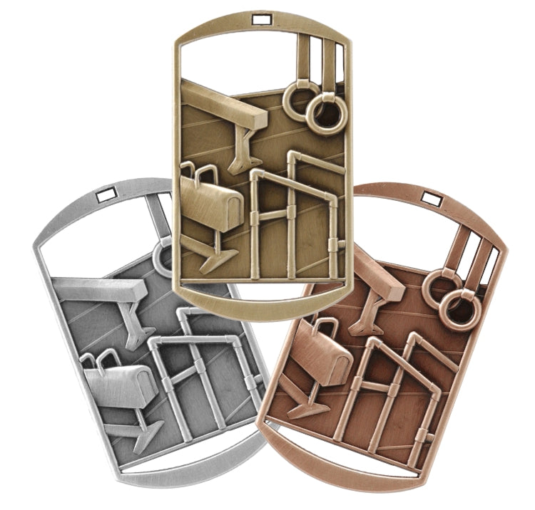 Gymnastics Dog Tag Medal with Ribbon – Gold Silver or Bronze, free custom engraving for athletes and coaches by Decade Awards