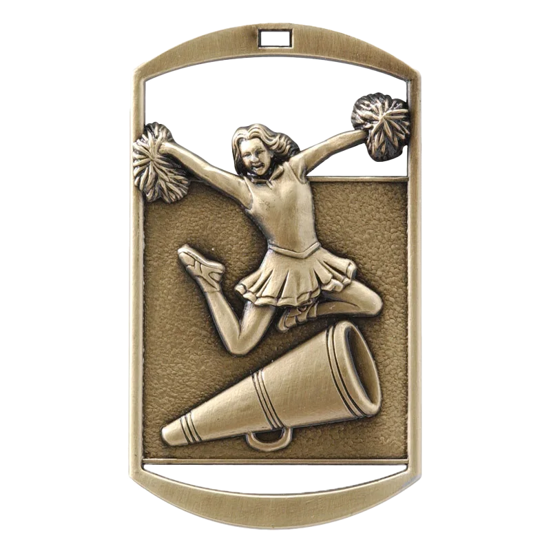 Personalized Cheer Medal with Ribbon | Gold, Silver or Bronze | Spirit Dog Tag Medal | 1.5 x 2.75 Inches Wide