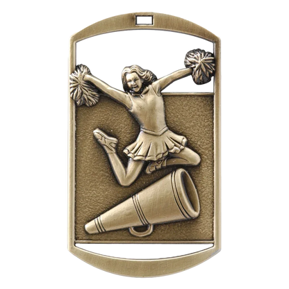 Personalized Cheer Medal with Ribbon | Gold, Silver or Bronze | Spirit Dog Tag Medal | 1.5 x 2.75 Inches Wide