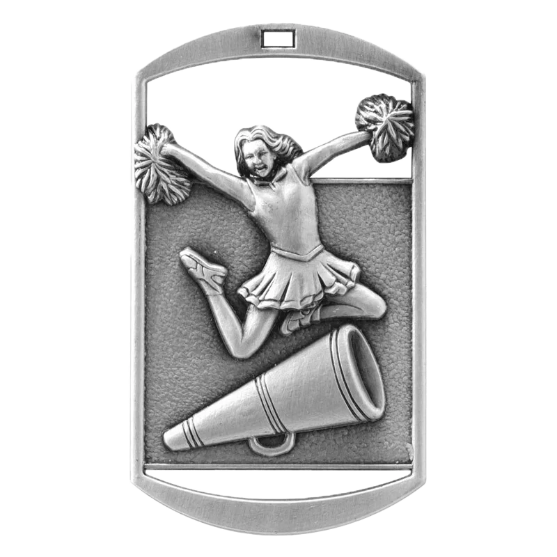 Personalized Cheer Medal with Ribbon | Gold, Silver or Bronze | Spirit Dog Tag Medal | 1.5 x 2.75 Inches Wide