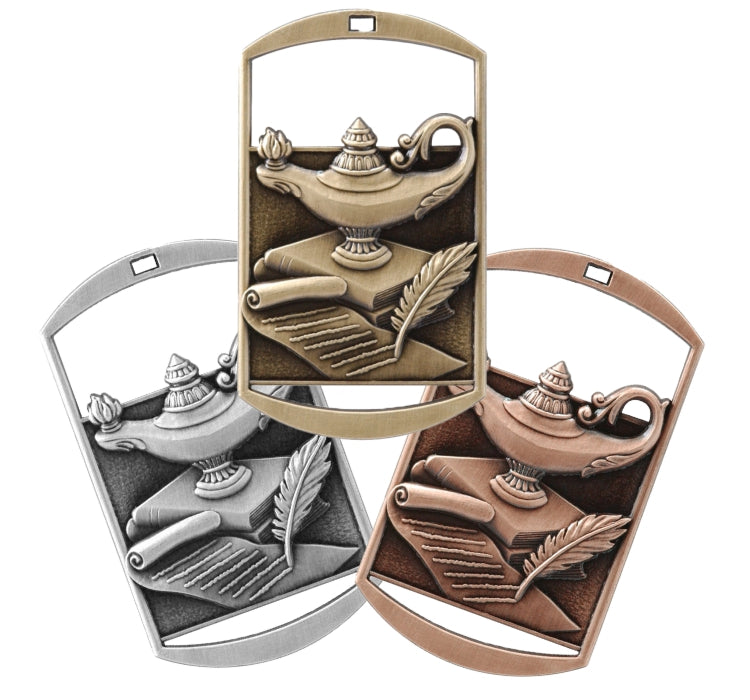 Gold silver or bronze academic dog tag medal with ribbon and free custom engraving, Decade Awards.  Scholastic and STEM award for students and teachers.