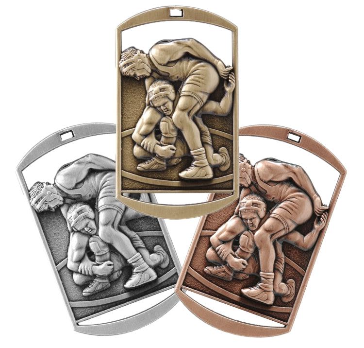 Gold silver or bronze wrestling dog tag medal with ribbon and free custom engraving, Wrestling award for athletes and coaches by Decade Awards