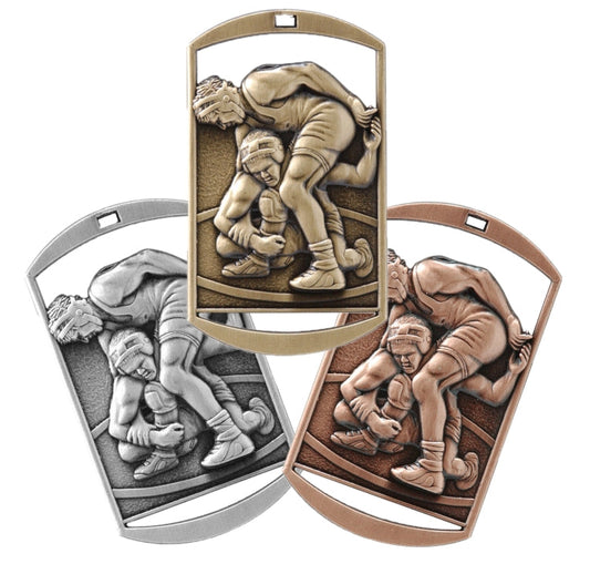 Gold silver or bronze wrestling dog tag medal with ribbon and free custom engraving, Wrestling award for athletes and coaches by Decade Awards
