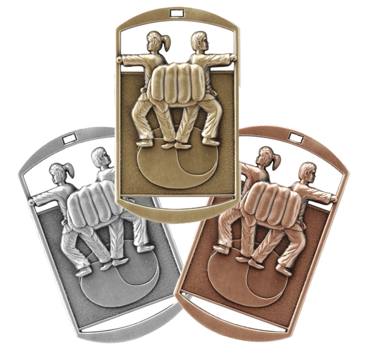 Cheer and Spirit Dog Tag Medal with Ribbon – Gold Silver or Bronze, free custom engraving for martial arts award for karate taekwondo jiu jitsu and MMA by Decade Awards