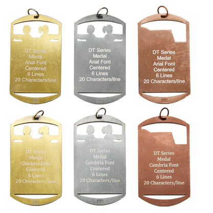 Cross Country Running Dog Tag Medal with Ribbon – Gold Silver or Bronze, free custom engraving for runners and coaches by Decade Awards