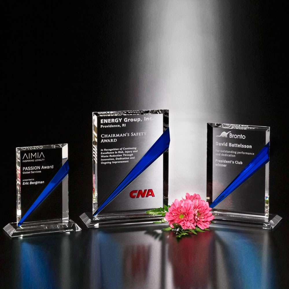 Danbury Indigo Blue Rectangle Corporate Award | Engraved Crystal Plaque Award - 6.5", 7.5" or 8.5" Decade Awards