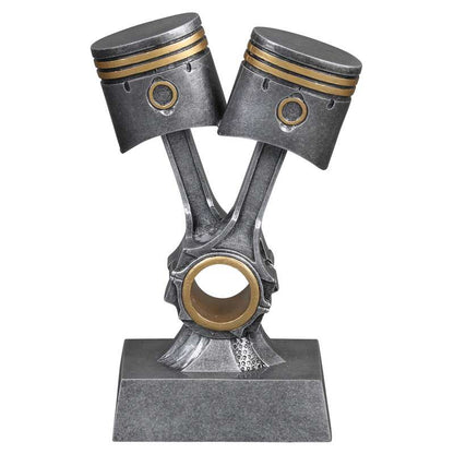 Automotive Trophy, Double Piston - Silver with Gold Accents | Engraved Mechanic Award - 8.25 Inch Tall Decade Awards