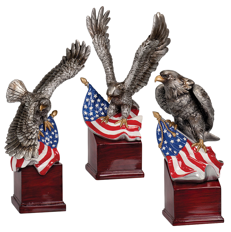 American Eagle Resin Trophy | Personalized Silver Eagle with American Flag Award | 8.75, 10 or 10.25 Inches Tall