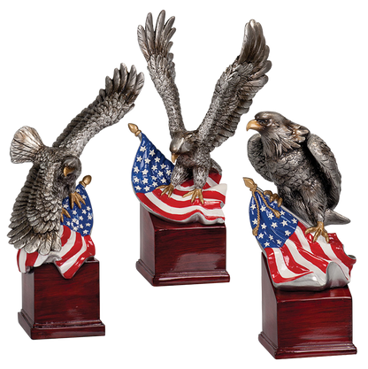 American Eagle Resin Trophy | Personalized Silver Eagle with American Flag Award | 8.75, 10 or 10.25 Inches Tall