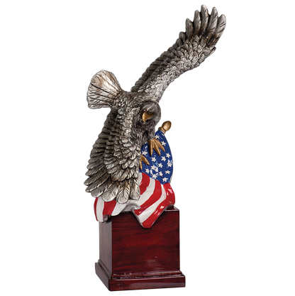 American Eagle Resin Trophy | Personalized Silver Eagle with American Flag Award | 8.75, 10 or 10.25 Inches Tall