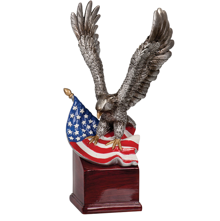 American Eagle Resin Trophy | Personalized Silver Eagle with American Flag Award | 8.75, 10 or 10.25 Inches Tall