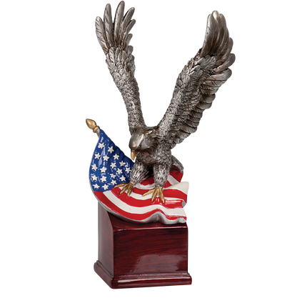 American Eagle Resin Trophy | Personalized Silver Eagle with American Flag Award | 8.75, 10 or 10.25 Inches Tall