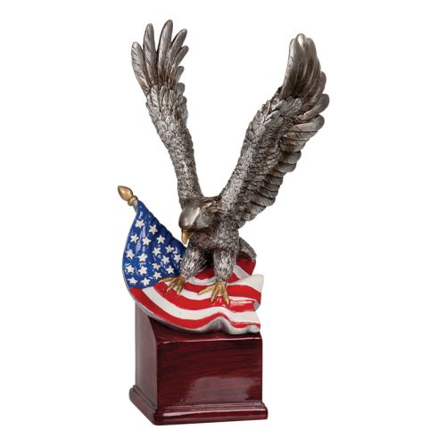 American Eagle Resin Trophy | Engraved Silver Eagle with American Flag Award - Swooping Decade Awards