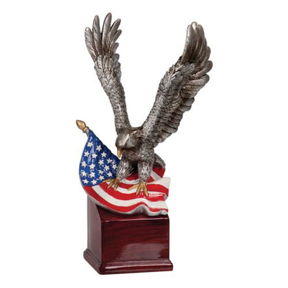 American Eagle Resin Trophy | Engraved Silver Eagle with American Flag Award - Swooping Decade Awards