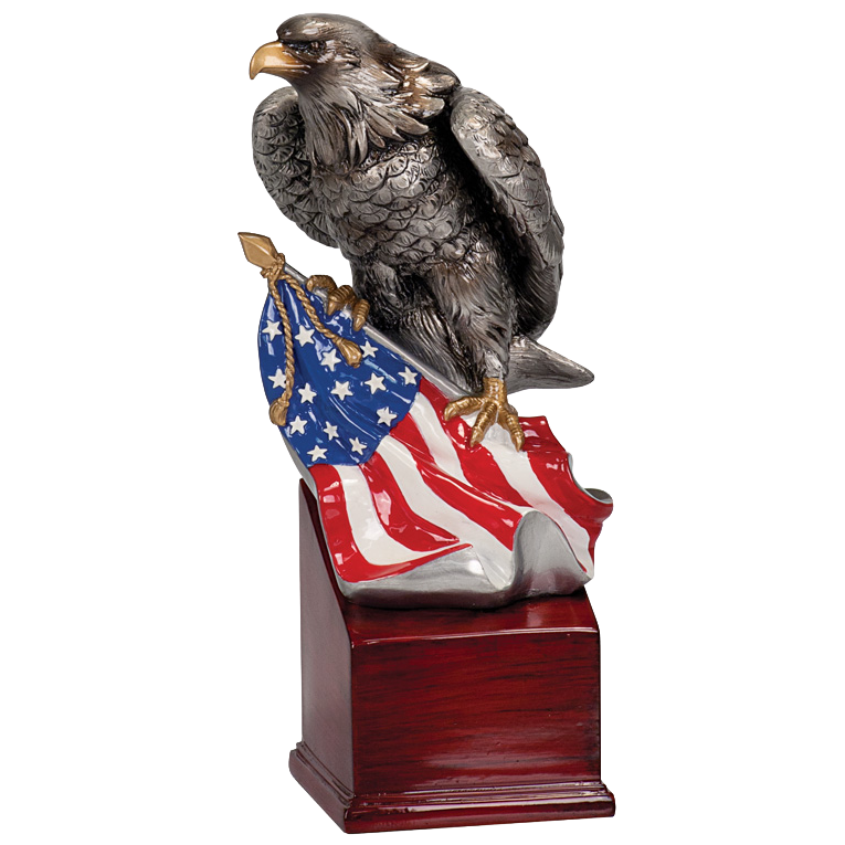 American Eagle Resin Trophy | Personalized Silver Eagle with American Flag Award | 8.75, 10 or 10.25 Inches Tall