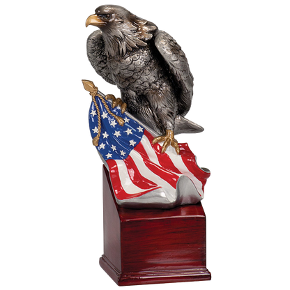 American Eagle Resin Trophy | Personalized Silver Eagle with American Flag Award | 8.75, 10 or 10.25 Inches Tall