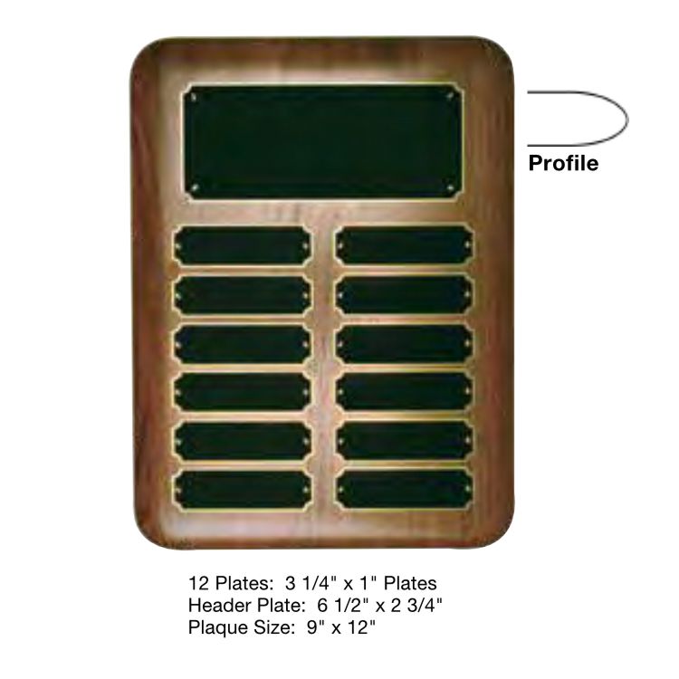 Perpetual Plaque - 9" x 12" | Engraved Genuine Walnut Plaque with 12 Plates Decade Awards