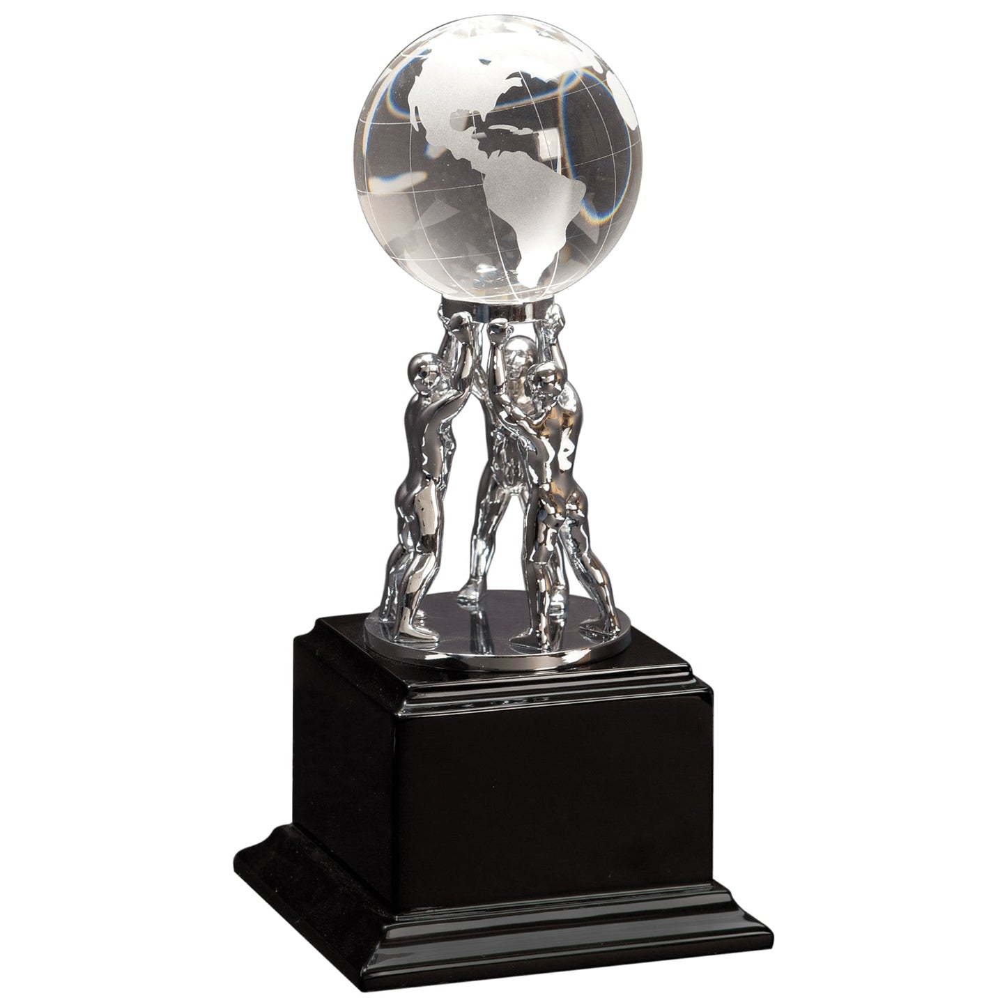 Clear crystal globe teamwork trophy on a black base with free custom engraving, Decade Awards