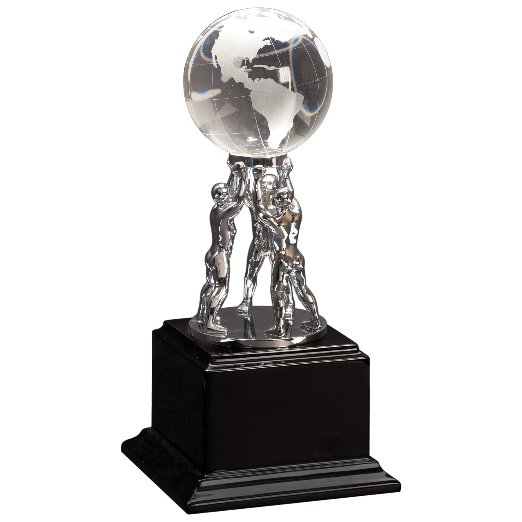 Clear crystal globe teamwork trophy on a black base with free custom engraving, Decade Awards