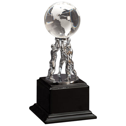 Clear crystal globe teamwork trophy on a black base with free custom engraving, Decade Awards