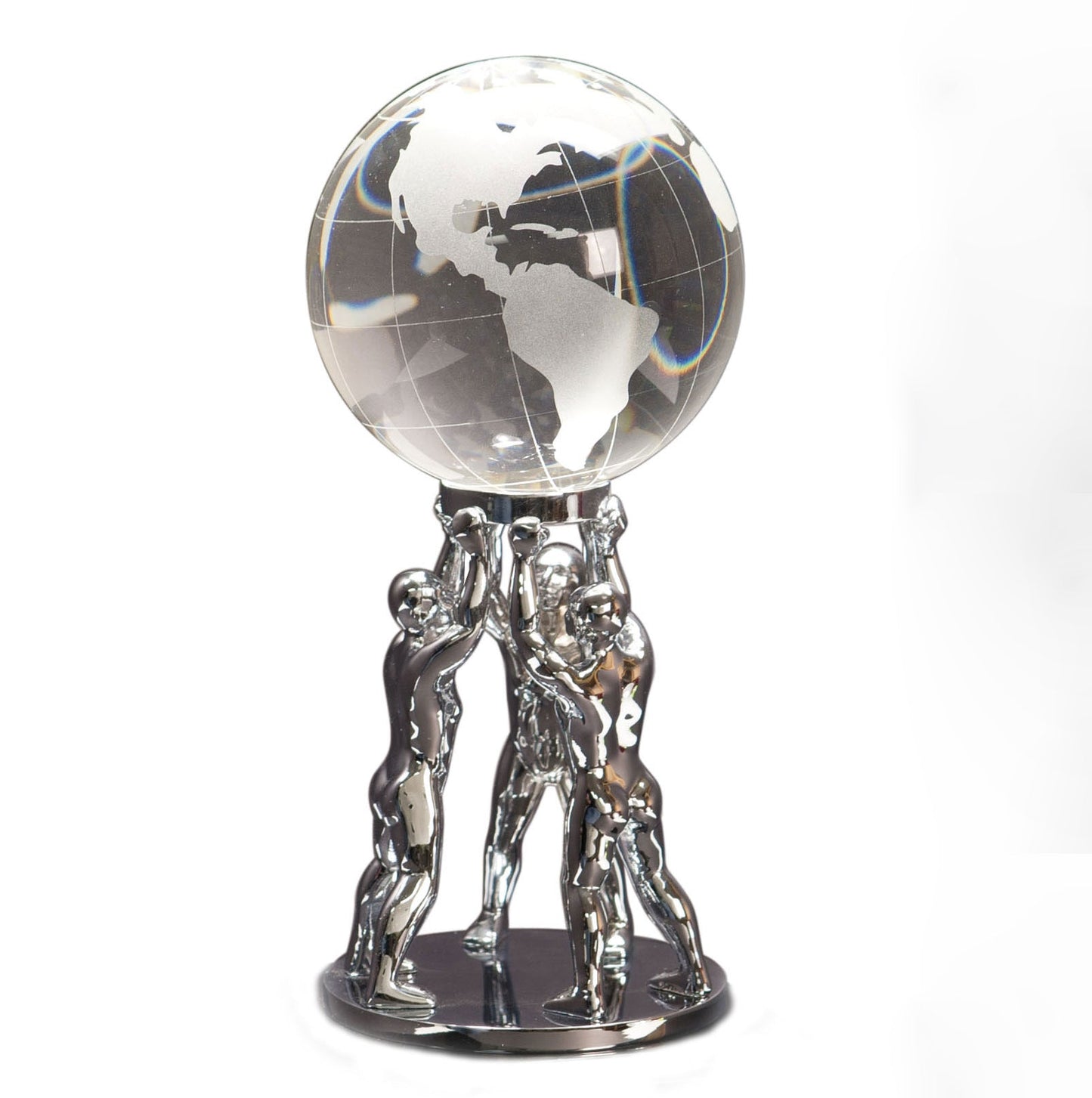 Clear crystal globe teamwork trophy on a black base with free custom engraving, Decade Awards