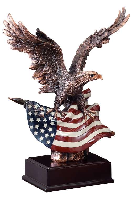 Eagle & Flag Bronze Trophy | Bronze Finish Eagle with Red, White & Blue Flag - 3 Sizes Decade Awards